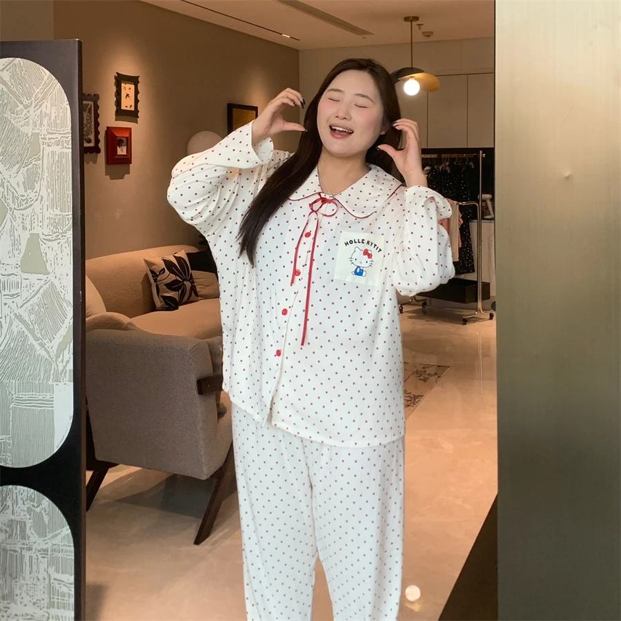 春秋款云朵棉大码胖MM可爱小波点KT猫睡衣长袖长裤家居服