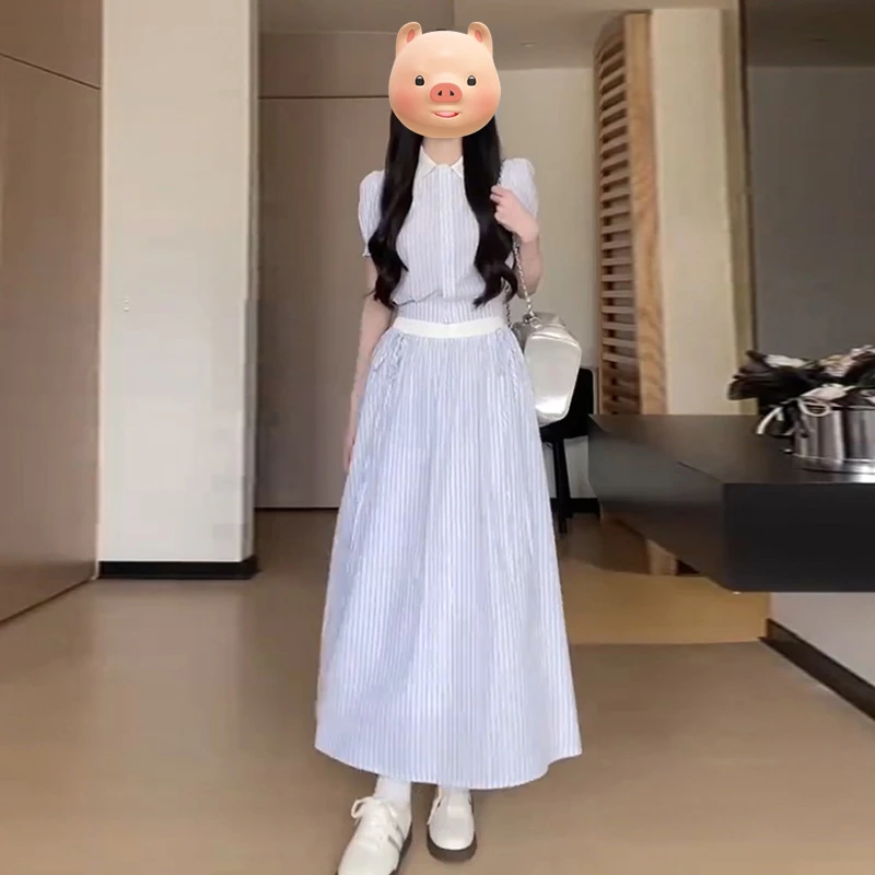 法式气质高级感蓝色条纹衬衫连衣裙子女夏季2024新款女长裙3671