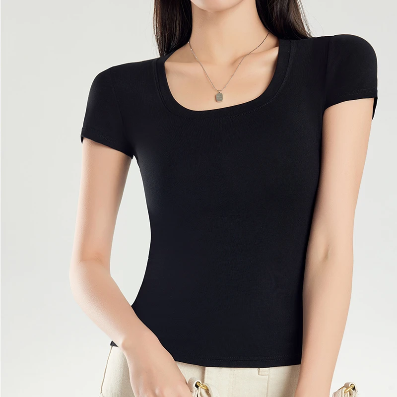 2025新款春夏U领小众女装T恤修身显瘦洋气春游出行短袖