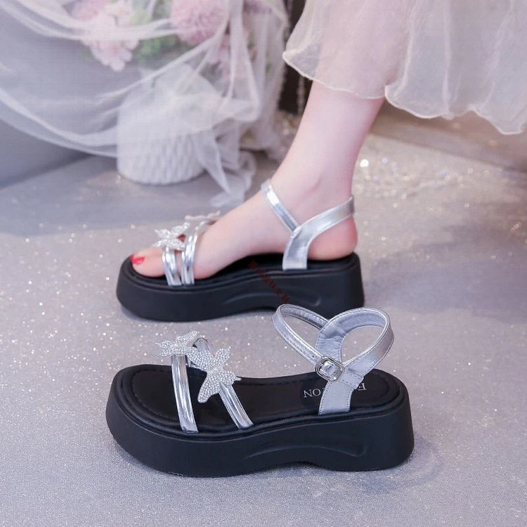 胶粘蝴蝶结公主风罗马凉鞋ins坡跟罗马鞋夏季仙女风外穿厚底学生