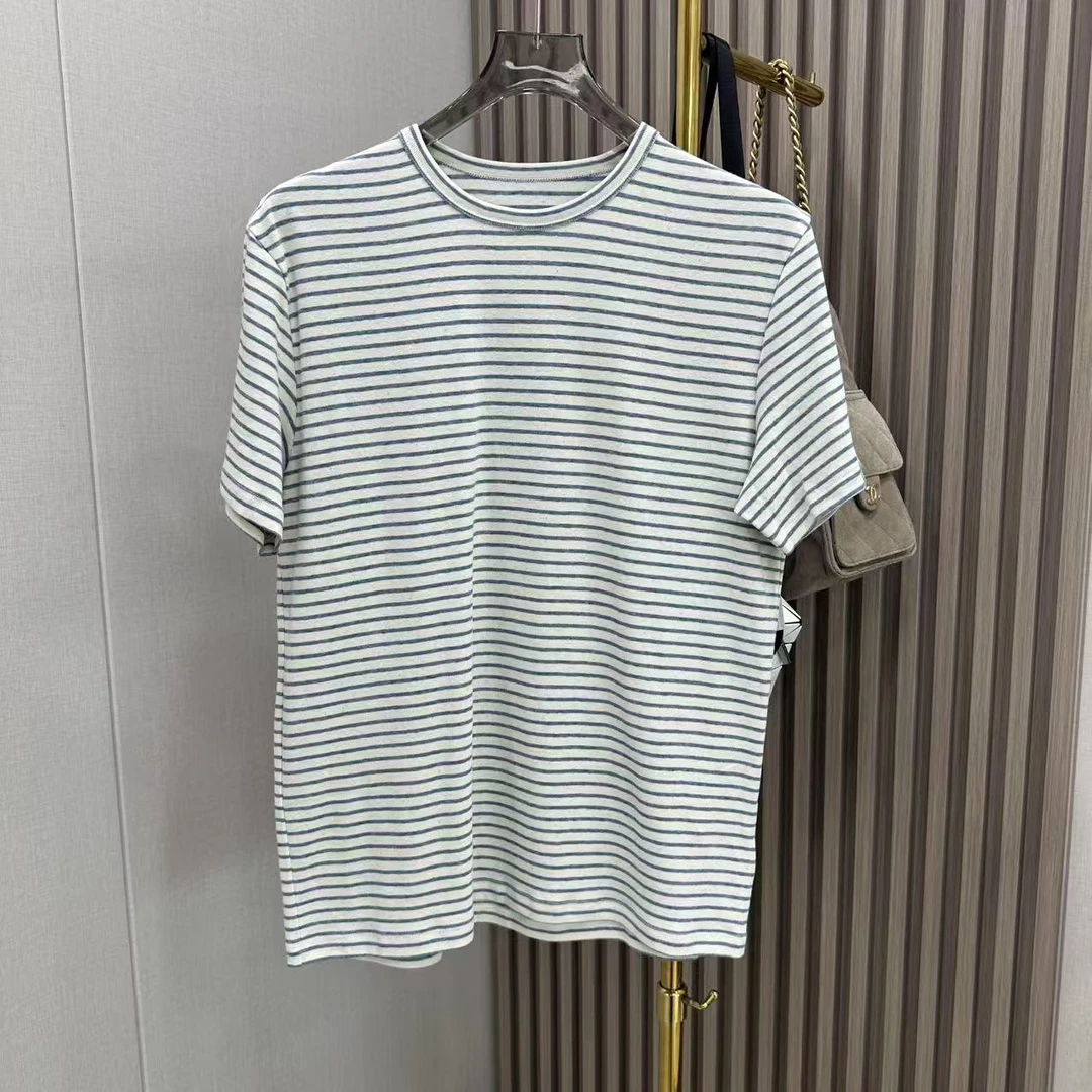BT白色蓝条纹简约圆领短袖T恤