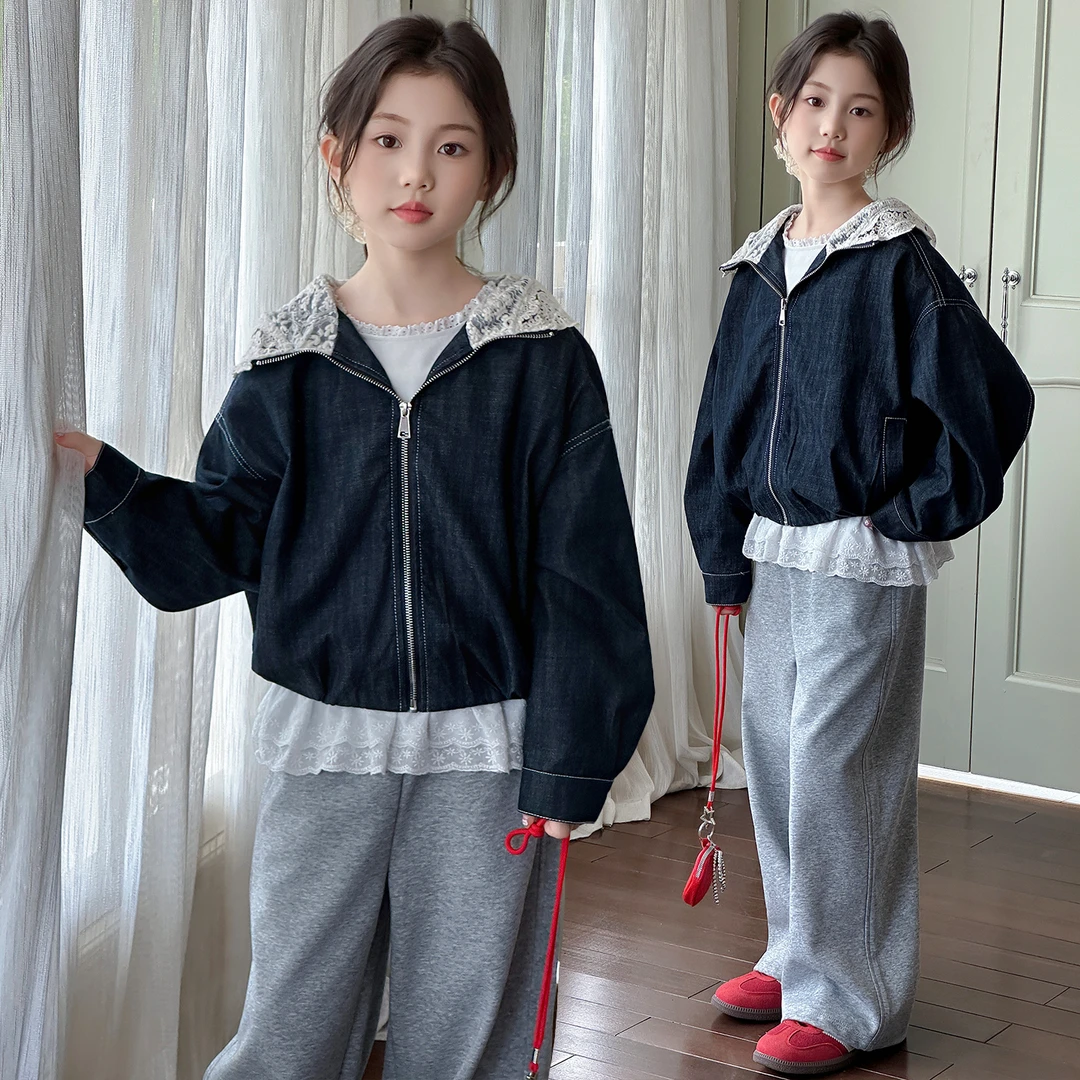 女童秋季蕾丝花边牛仔外套2025新款8-15岁中大童秋装洋气连帽夹克