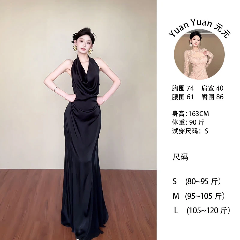 g3/C653 0516-2【Yy】复古纯欲风夏季黑色挂脖V领气质赫本风长裙女