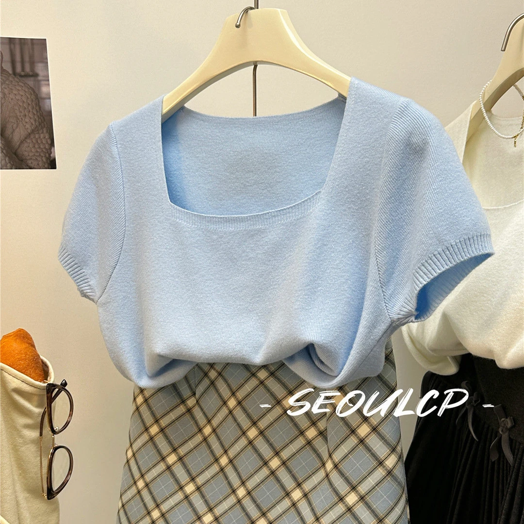 夏季蓝色温柔风方领针织短袖T恤女韩系修身显瘦短款冰丝上衣