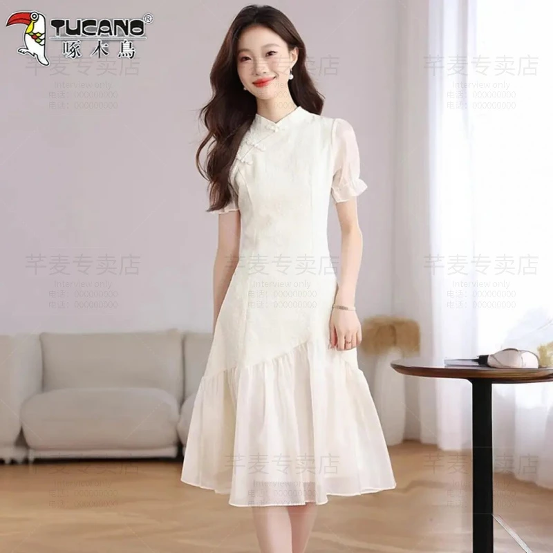 啄木鸟夏季新款旗袍国风新中式A字显瘦拼接设计感连衣裙长裙气质