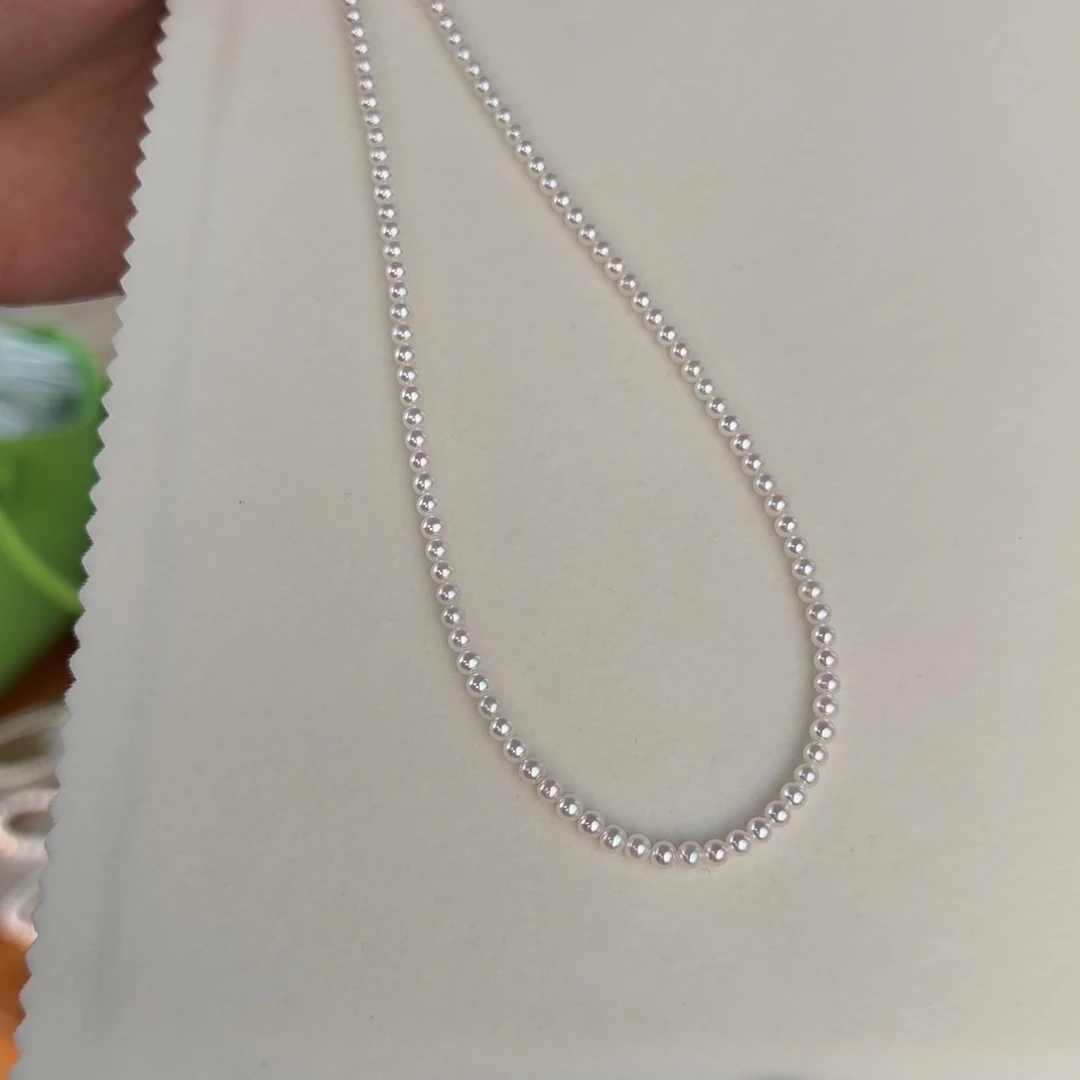 银S925镶嵌颈饰淡水珍珠3-4无核极光镜面正圆无暇炫彩冷白