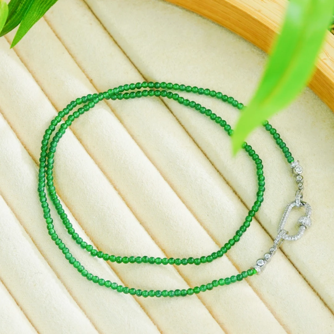 精致时尚银镶嵌天然翡翠吊坠A货满绿小米珠翡翠万能扣项链（2mm
