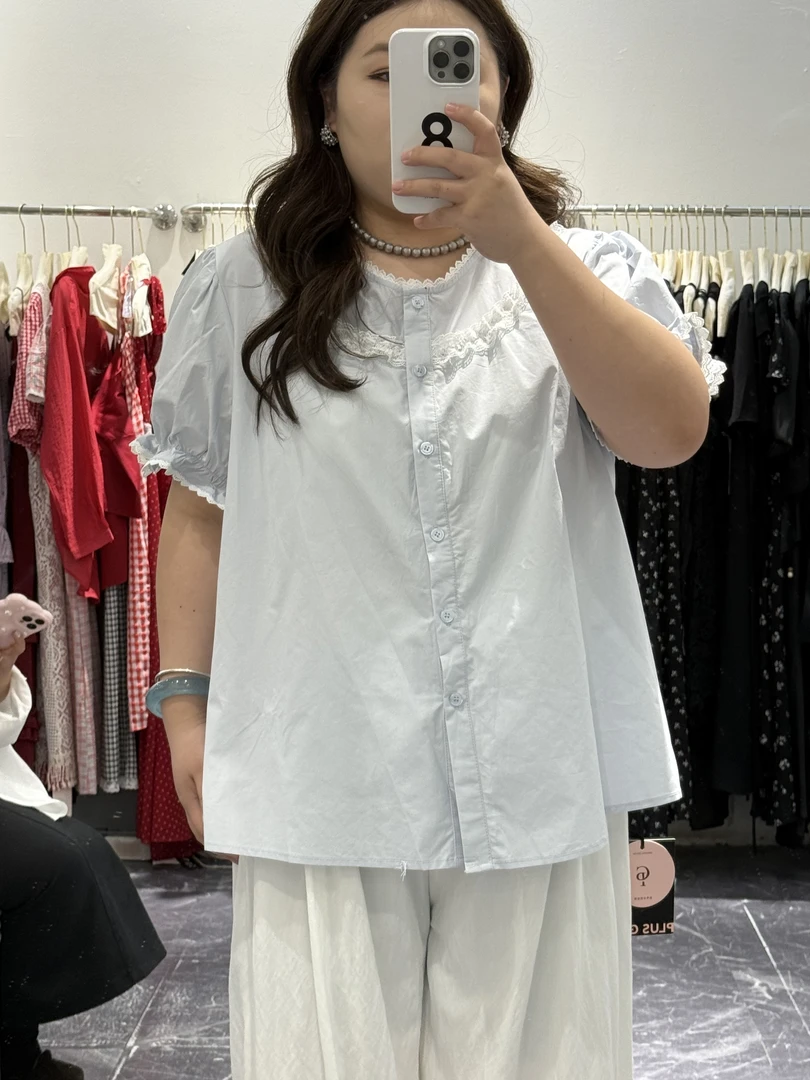 82011小众设计蕾丝花边圆领短袖衬衫女夏季薄款洋气衬衣