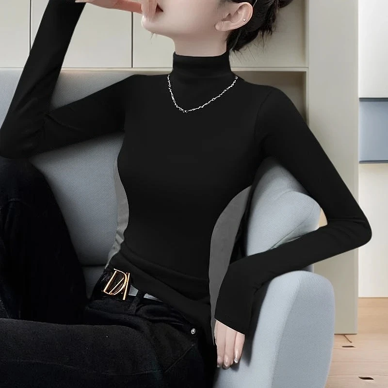 设计感小众半高领长袖打底衫女新款春秋洋气显瘦显瘦t恤上衣黑色T
