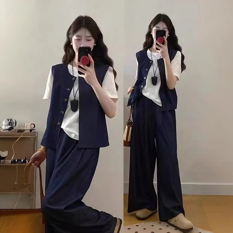 开衫马甲内搭短袖T恤搭配阔腿裤三件套2025新款大码女装显瘦套装