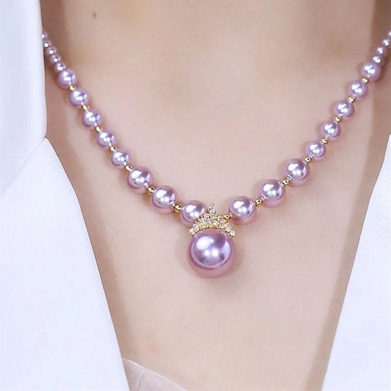 合金仿珍珠项链 合金紫色皇冠镶钻珍珠项链女2025年新款轻奢小众