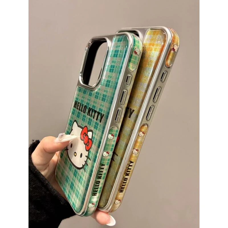 创意ins格纹可爱猫咪电镀全包适用iphone16promax苹果15pro手机壳