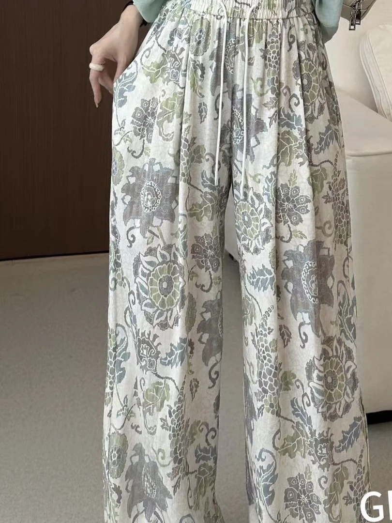 LMM 36518 复古印花休闲裤女夏季新款时尚显瘦高腰宽松阔腿裤