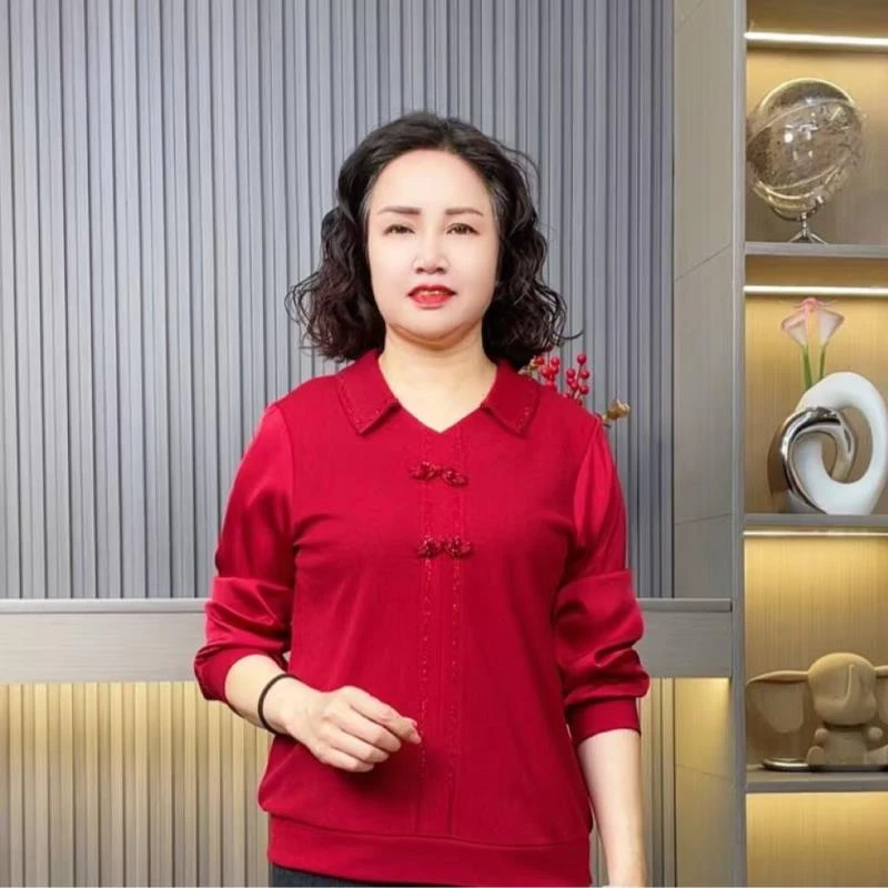 春秋款妈妈装盘扣女装时尚小衫打底衫中老年女装百搭长袖休闲上衣