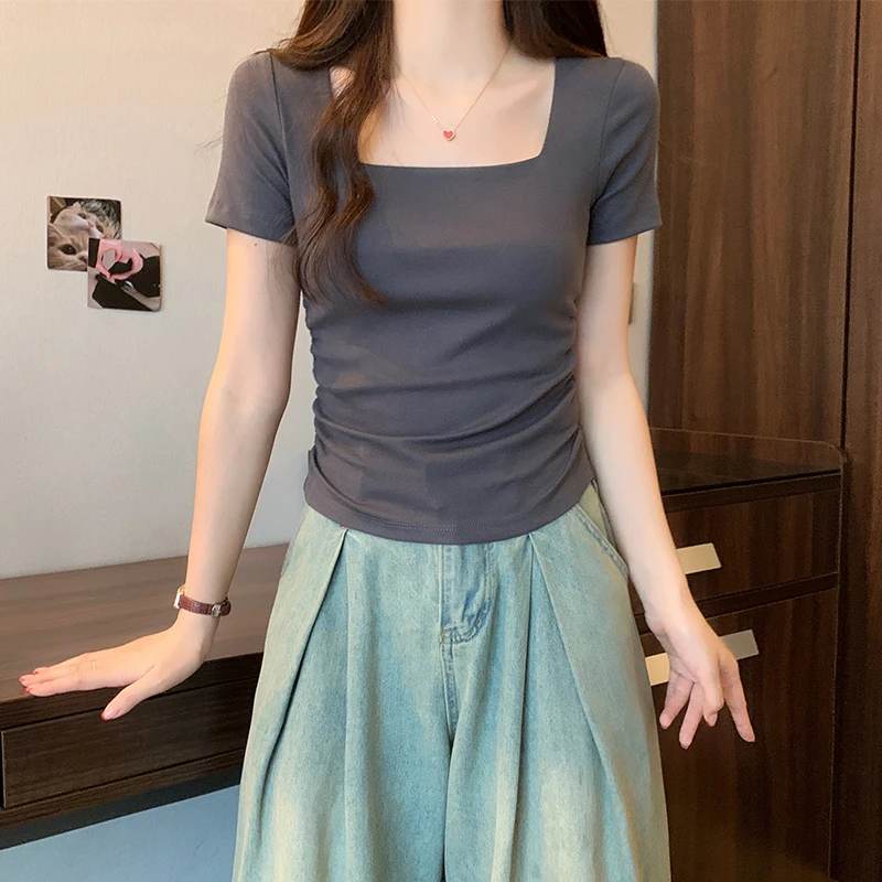 方领正肩短袖t恤女2025新款夏季大领褶皱掐腰设计感修身短款上衣