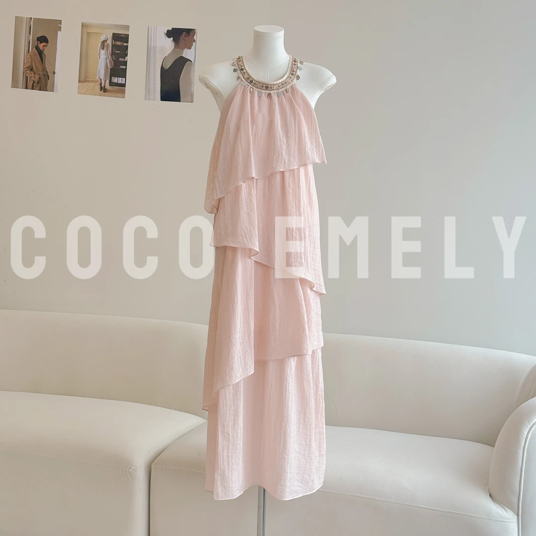 COCO EMELY 温柔风法式粉色气质挂脖度假裙女精致甜美CO07211463