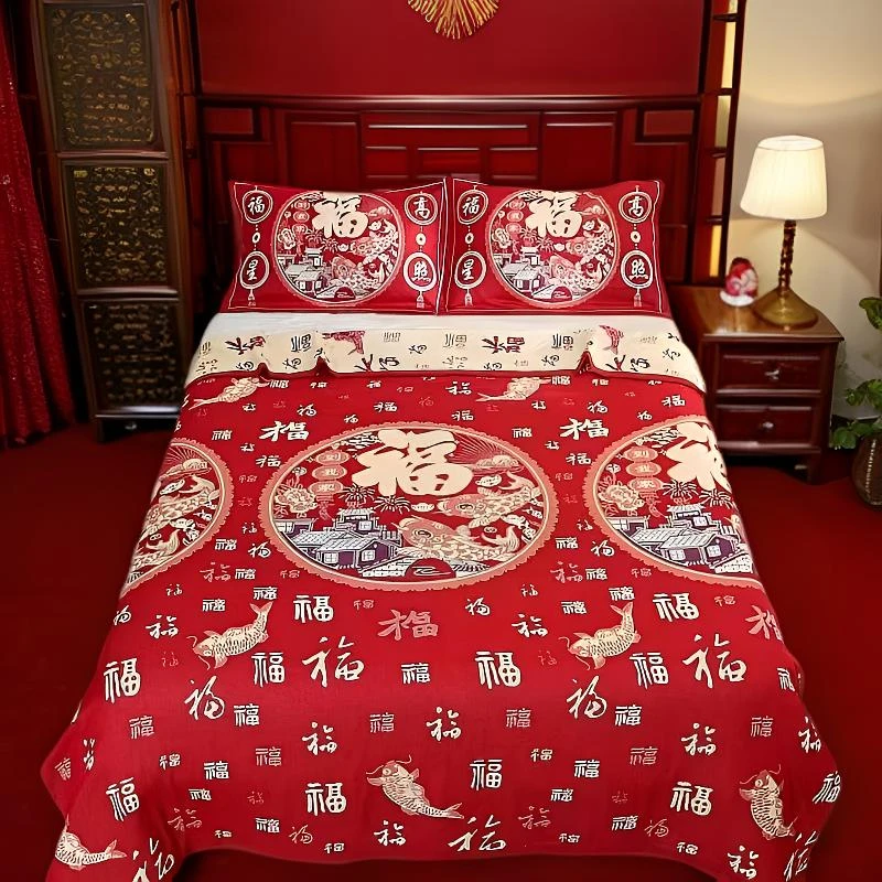大红色纱布多功能百福床盖印花大床四季通用