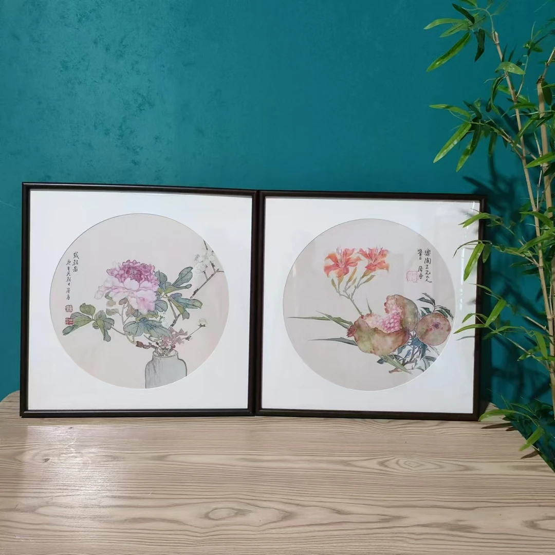 【190+191】50*50牡丹石榴两联画纯实木框餐厅茶室卧室家居装饰挂画