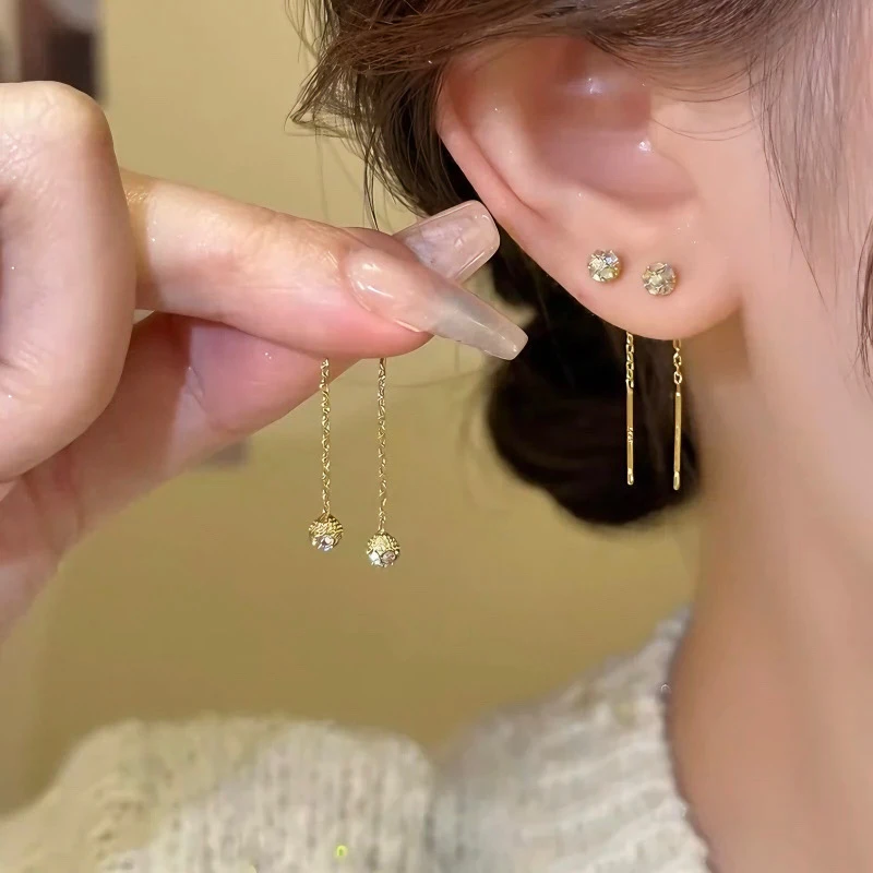 铜合金耳饰 彩钻水晶球耳线女小众设计耳环养耳洞睡觉免摘银耳饰