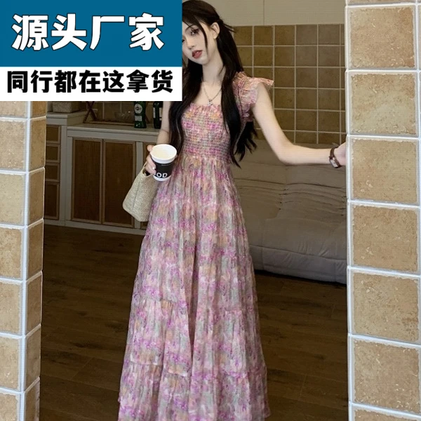 梵乐芬新款夏季法式显瘦长裙大码雪纺碎花拼接连衣裙飞飞袖方领青