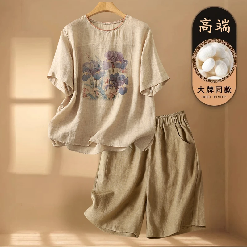 大码女士夏季装时尚休闲苎麻套装妈妈洋气减龄高端亚麻短裤两件套