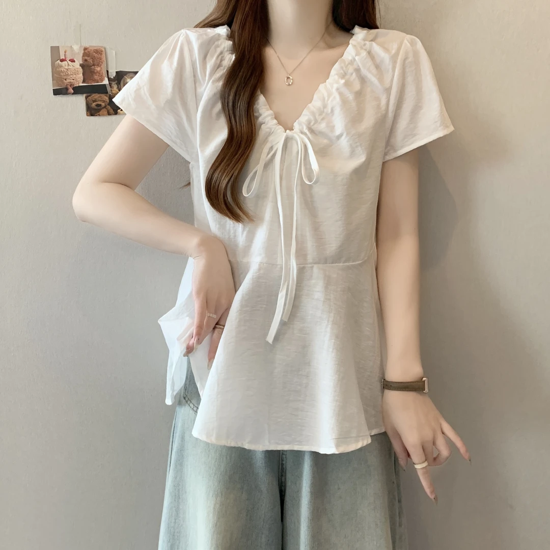 大码韩系抽绳V领短袖衬衫女2025夏季新款百搭休闲遮肉显瘦上衣