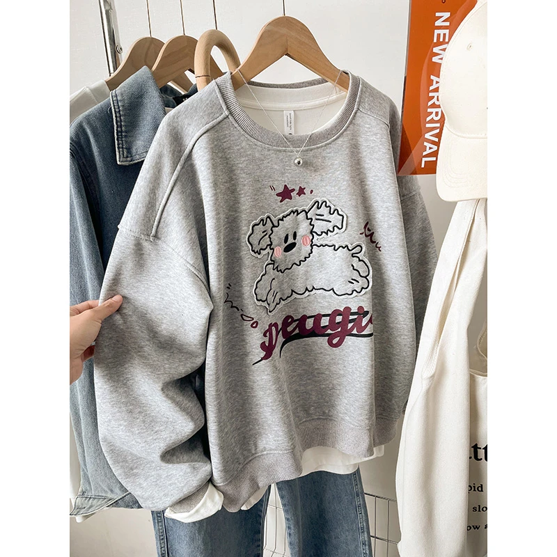 2025秋冬宽松潮流加绒字母小狗刺绣卫衣女韩版新款休闲时尚上衣服