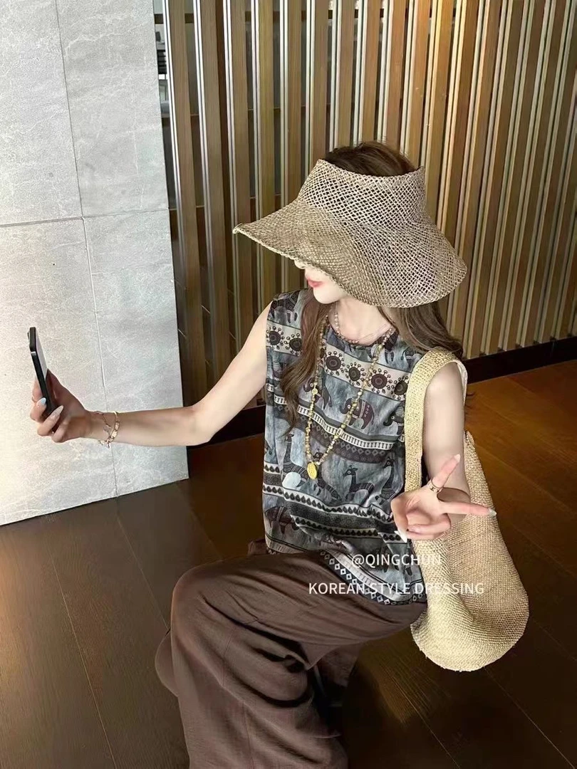 韩版圆领套头小象印花无袖衬衫套装