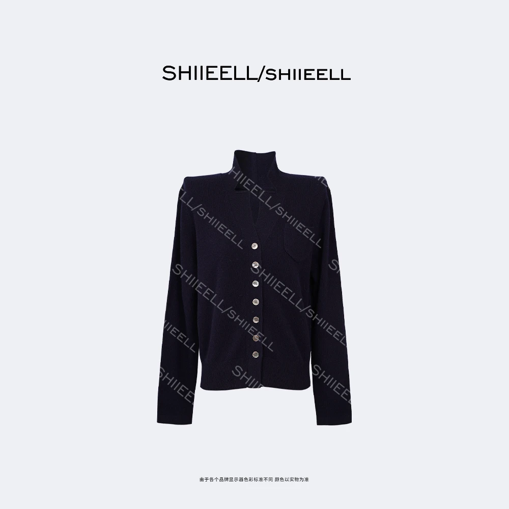 SHIIEELL【蓝骑士】秋冬黑色时尚气质设计款开衫百搭厚款毛衫Z7436