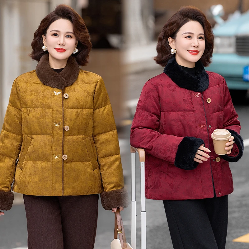 新中式妈妈冬装外套洋气立领加绒加厚棉袄中老年女装洋气保暖棉衣