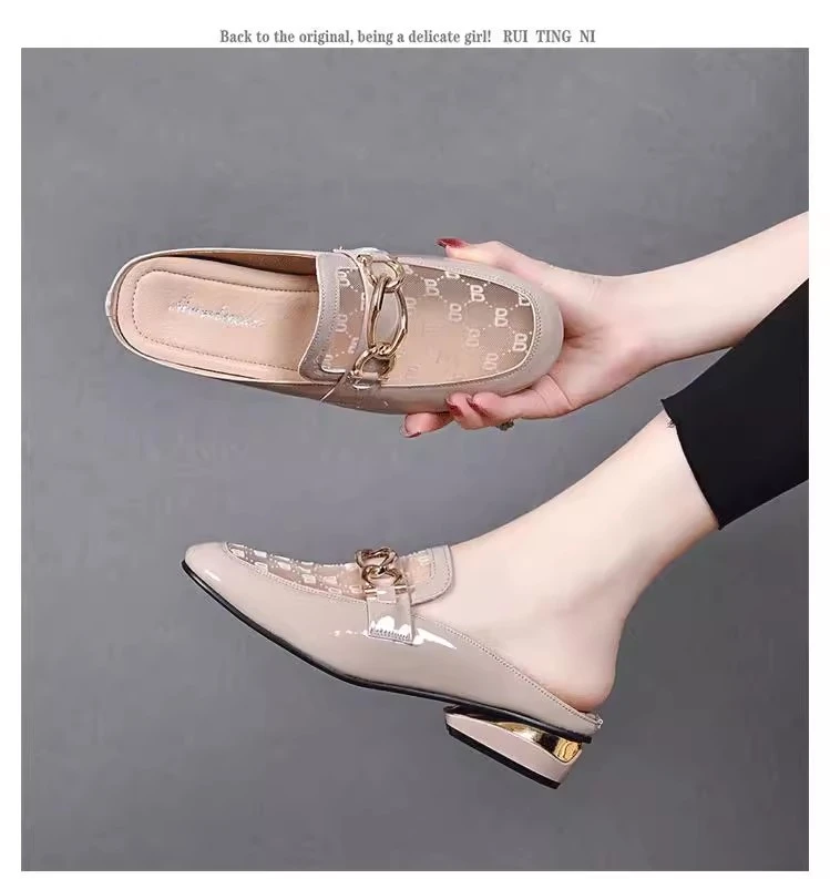 软皮包头半拖鞋女2024新款夏季外穿网纱镂空半托女鞋气质粗跟凉拖