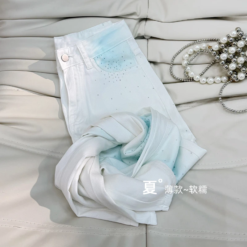 白月光天丝牛仔裤女2025夏季薄款设计感烫钻高腰显瘦直筒裤1753