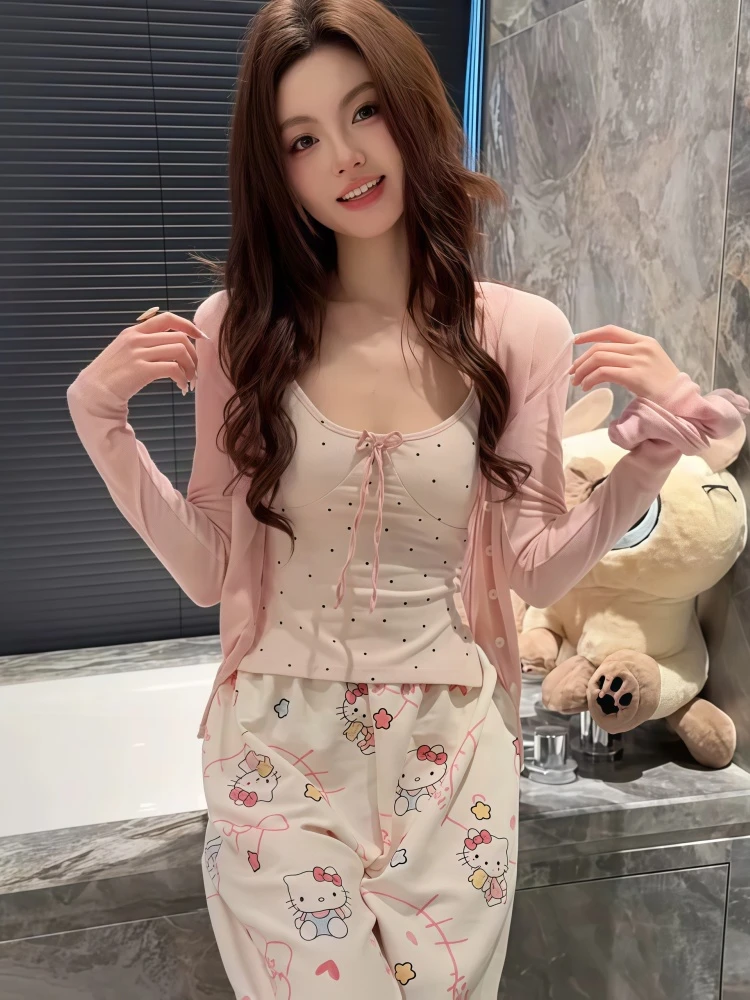 三件套莫代尔带胸垫吊带蝴蝶结睡衣女夏季少女纯欲风可外穿家居服