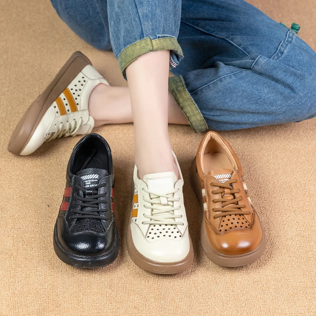 新款真皮时尚百搭舒适软底女单鞋透气复古通勤时尚休闲鞋 6128
