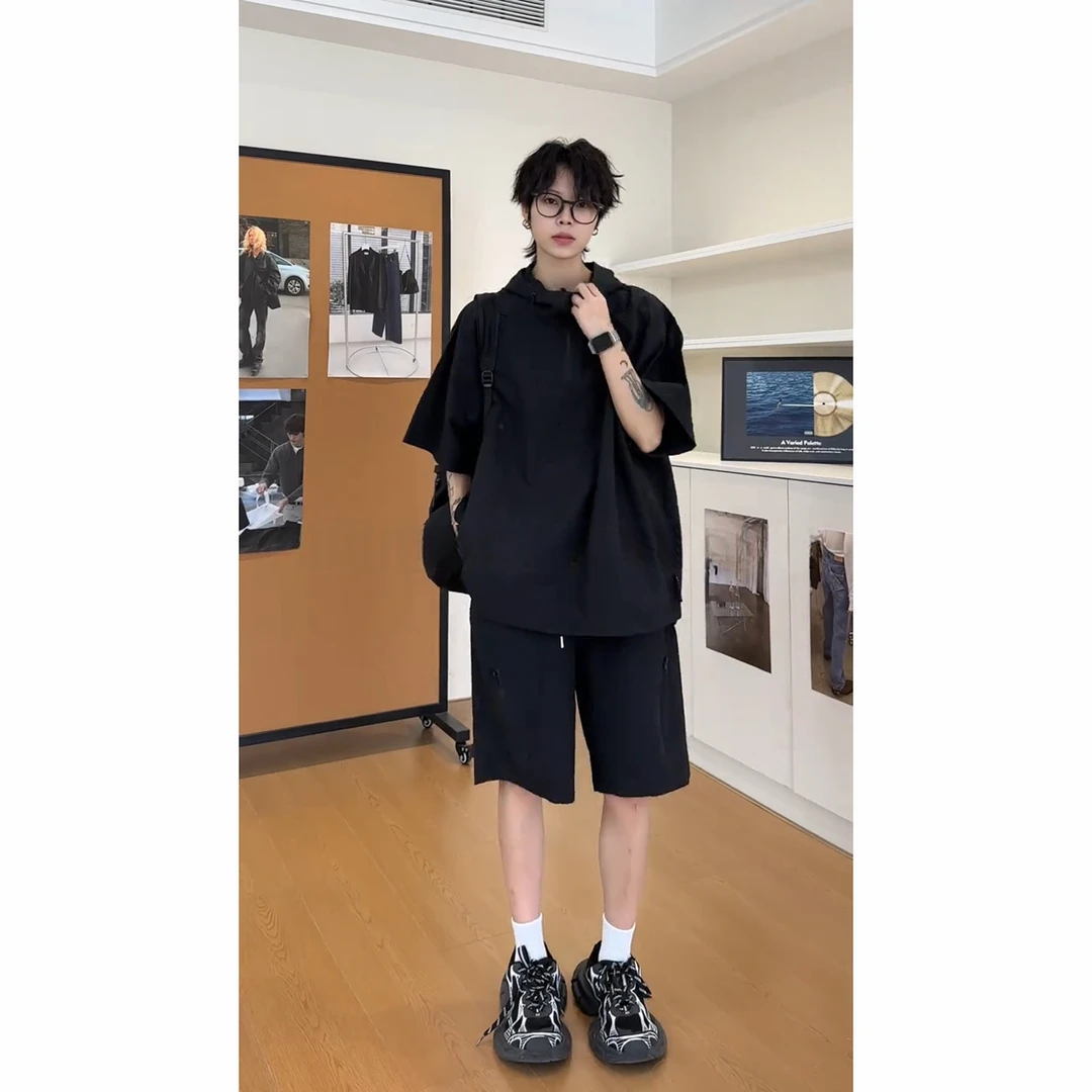 黑色泡泡纱机能风短袖男款夏季痞帅连帽防晒上衣休闲运动工装T恤