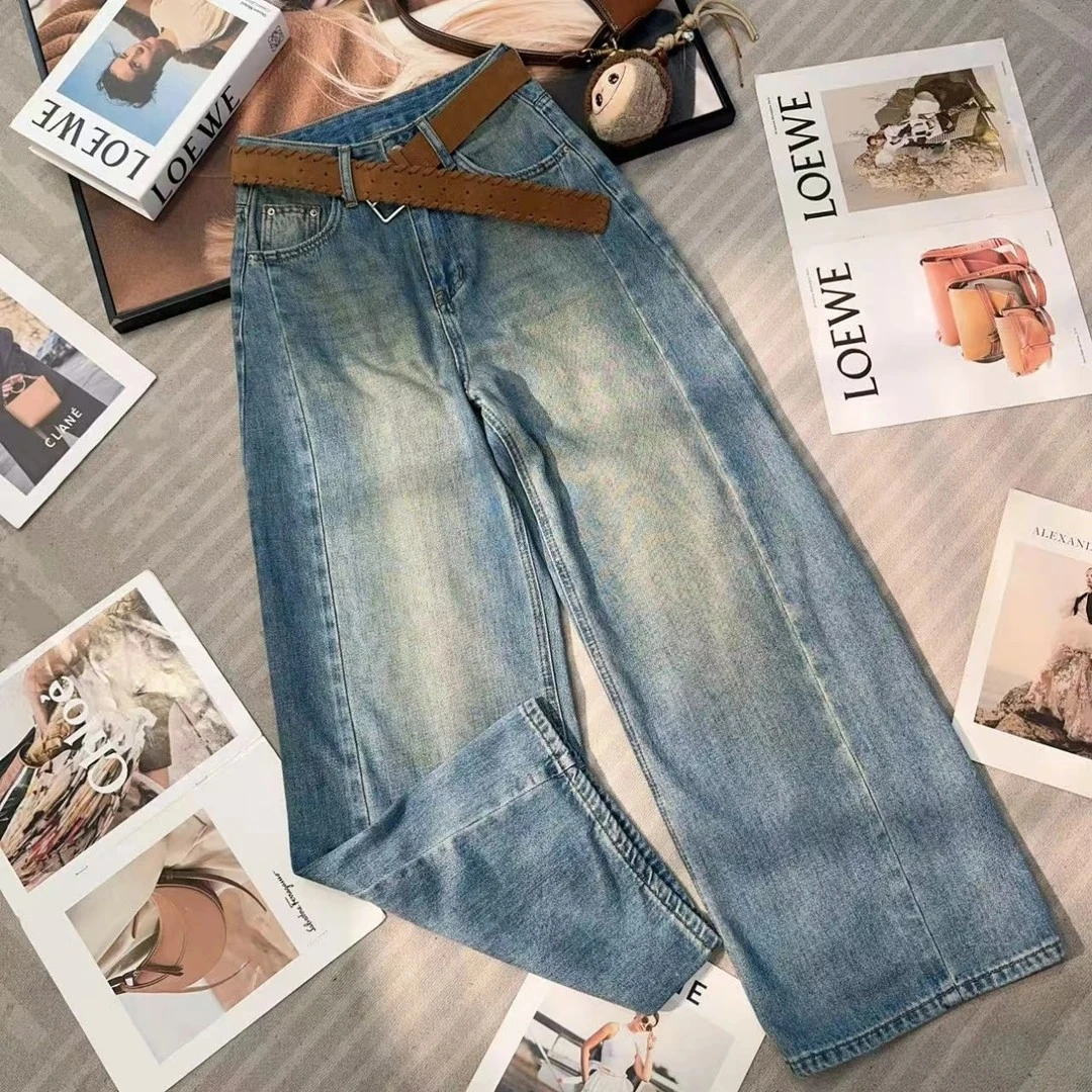 7669  W【可可蓝】秋冬新款阔腿直筒宽松垂感牛仔裤女高腰显瘦裤子