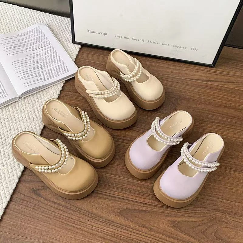 2025春夏季新款珍珠仙女风法式包头半拖鞋女外穿凉拖鞋厚底玛丽珍