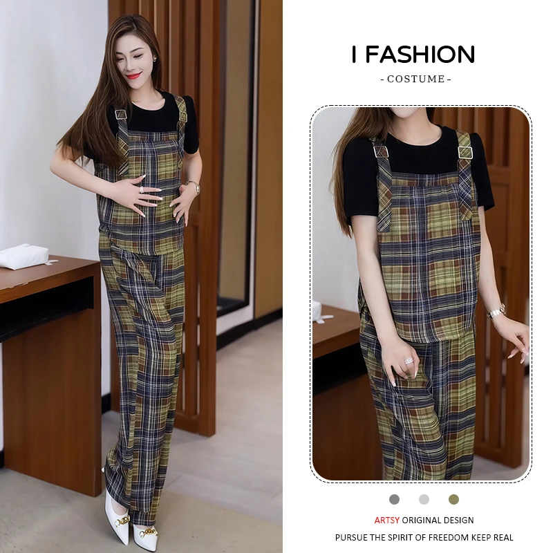 小个子休闲气质套装女2025年夏季新款格子假两件上衣直筒裤两件套