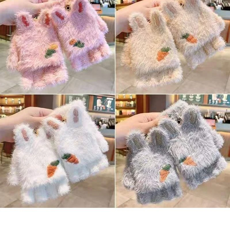 儿童手套36到12岁冬季加绒加厚保暖冬天女可爱半指学生翻盖防风