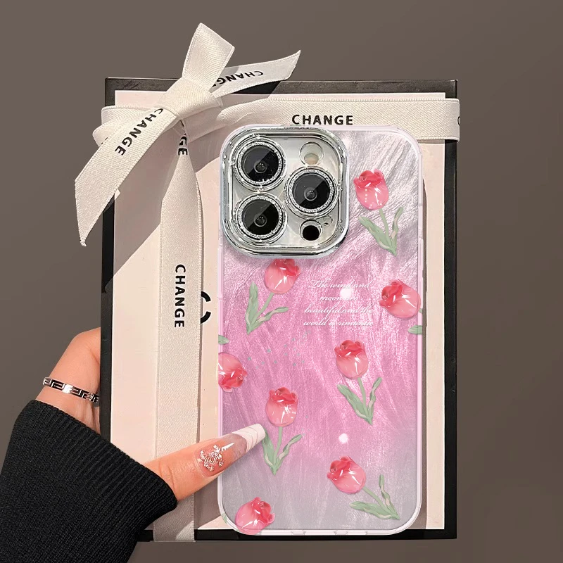 新款郁金香手机壳适用于苹果16/oppo华为vivo网红流行全包ins创意