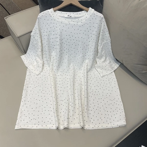 SZ&时尚百搭圆领烫钻波点休闲T恤G927-1#宽松半袖肌理感洋气上衣