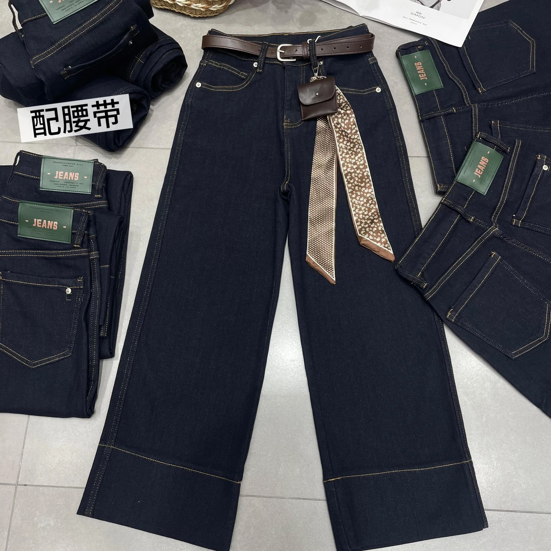 微弹常规直筒裤女复古港风牛仔裤时尚高腰直筒复古奶奶裤八分裤