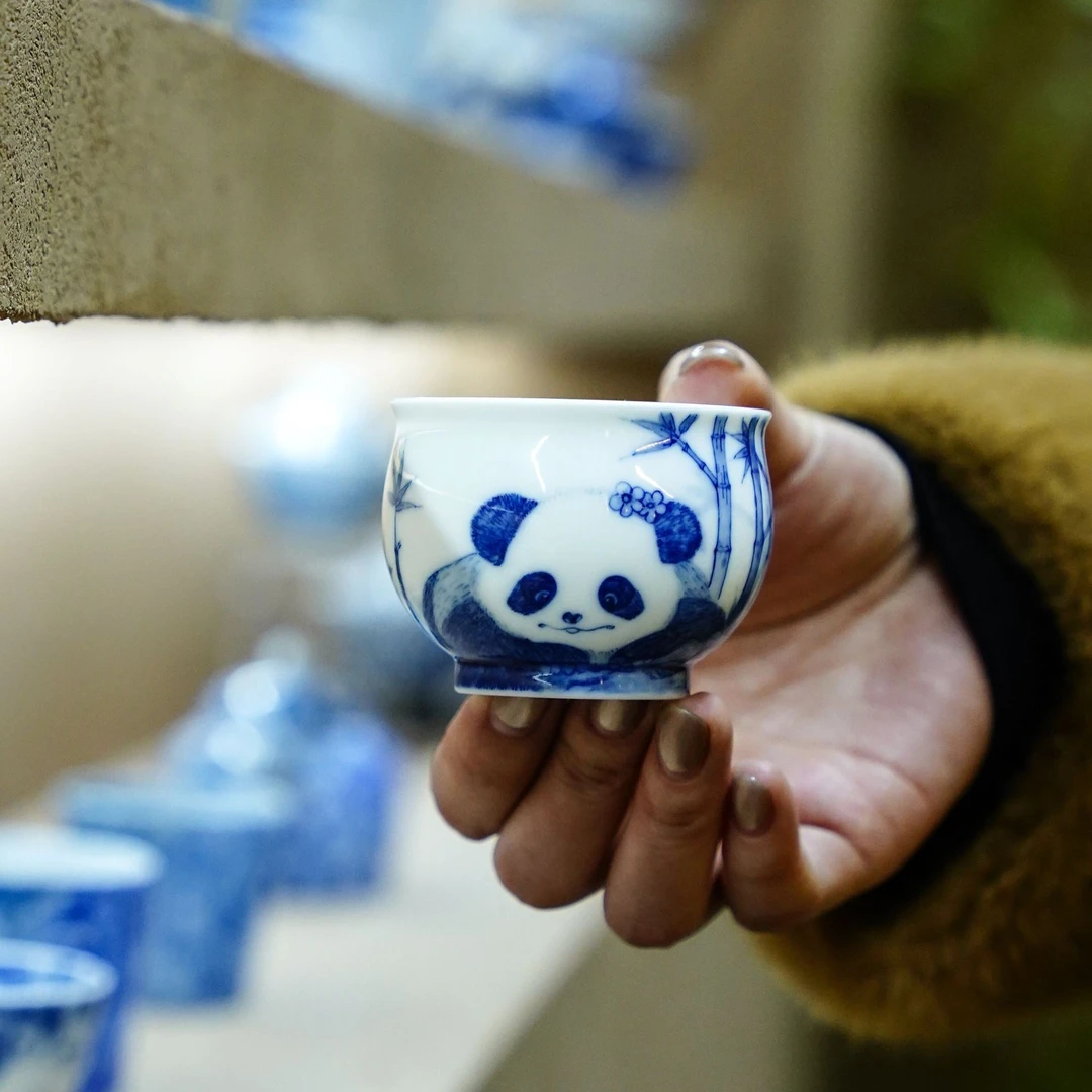 画堂春  青花熊猫花花杯  创意饮茶品茗茶具中式茶道喝茶银