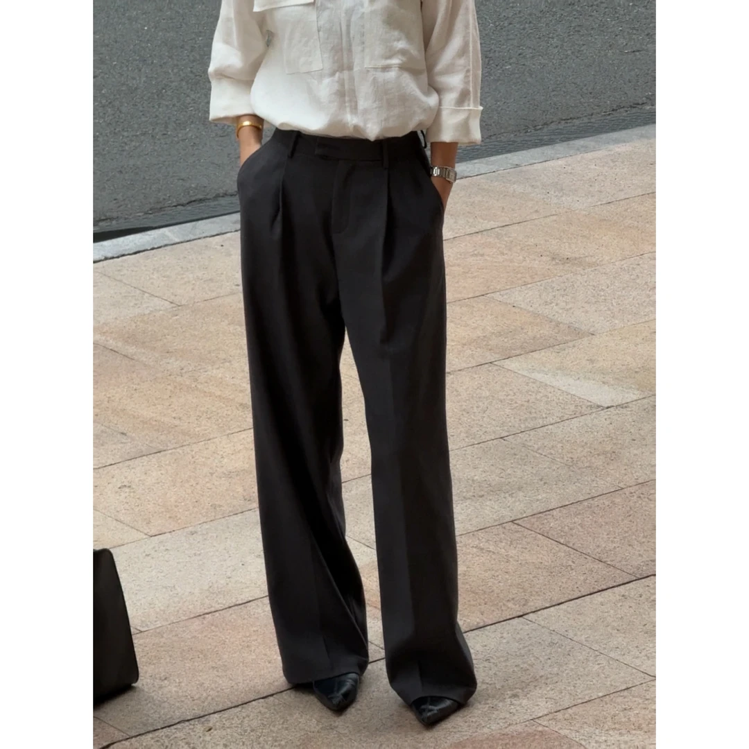 深灰天丝羊毛休闲裤女时尚百搭显瘦直筒高腰阔腿长西裤 SKZ253278