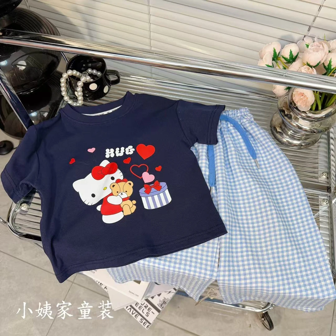 2025全新夏款女宝宝时尚潮流印花KT猫短袖新款时尚休闲裤套装