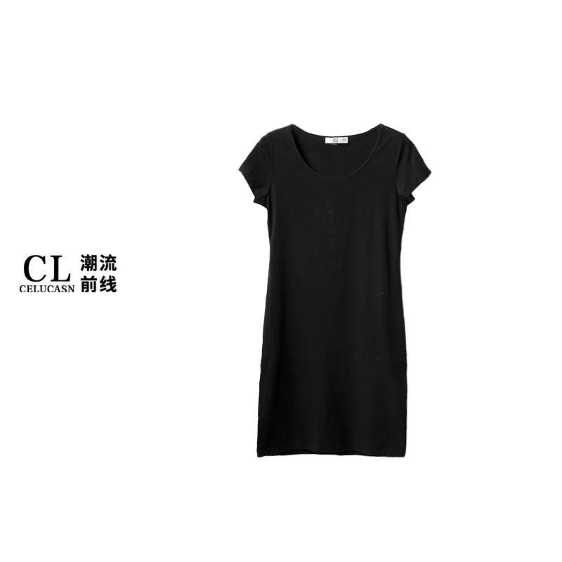 UAIF5C80#夏季中长纯色气质女士舒适简约百搭圆领套头连衣裙