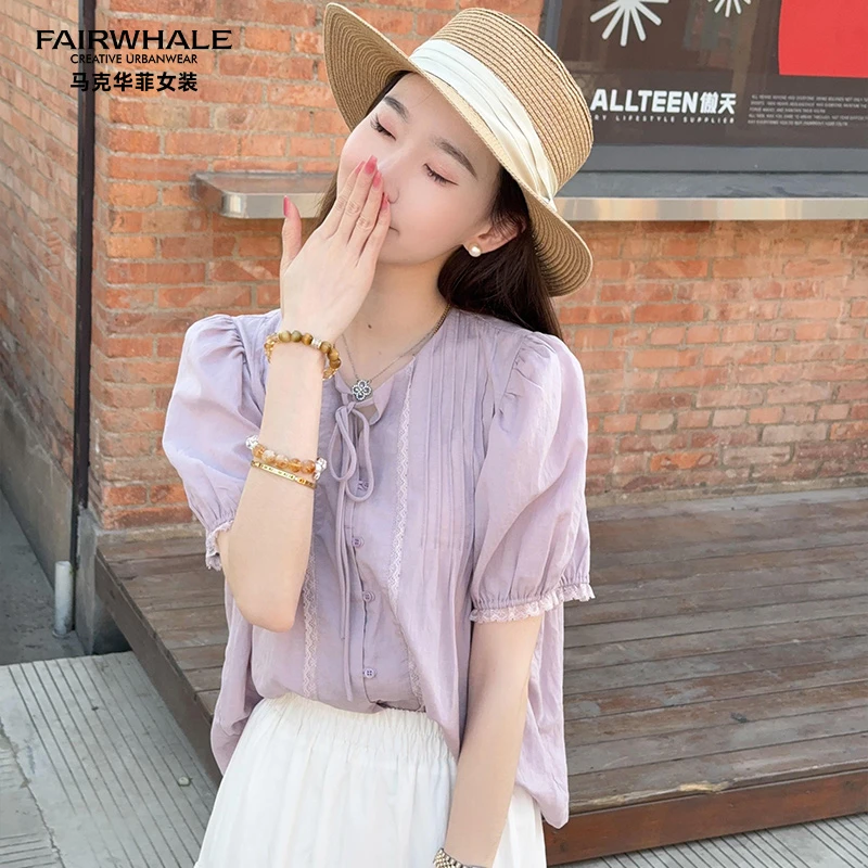 马克华菲女装时尚简约纯色系带捏褶休闲衬衫上衣 F52003A501