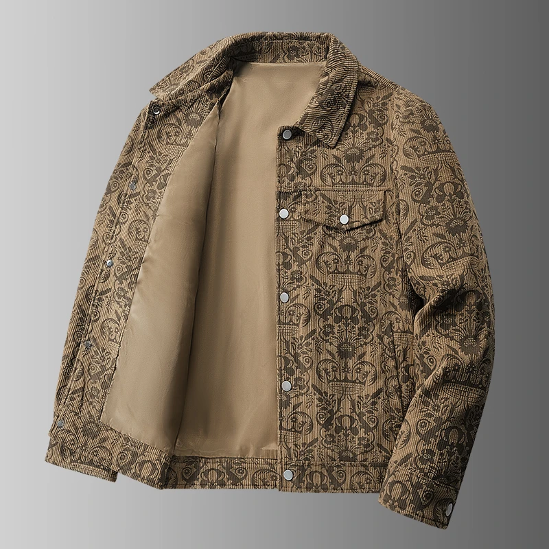 韦内卡彻轻奢灯芯绒外套男士印花烫金休闲上衣新款秋冬季工装夹克