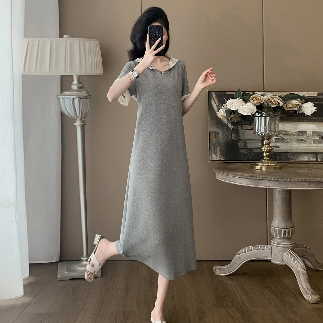 韩版时尚气质连衣裙女夏新款显瘦修身纯色蕾丝拼接连帽短袖长裙潮