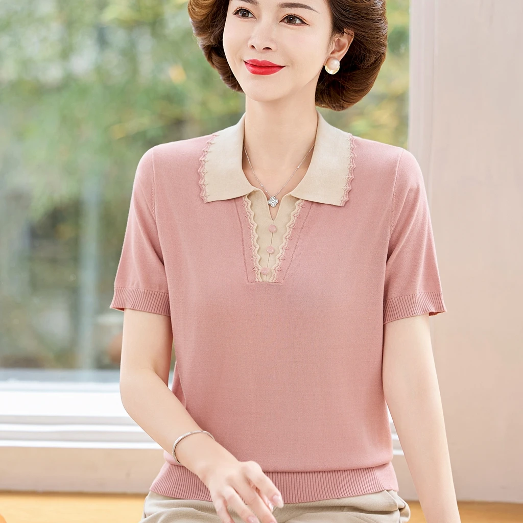 2024年夏季新款洋气短袖t恤衫中老年女宽松大码薄款纯色百搭半袖